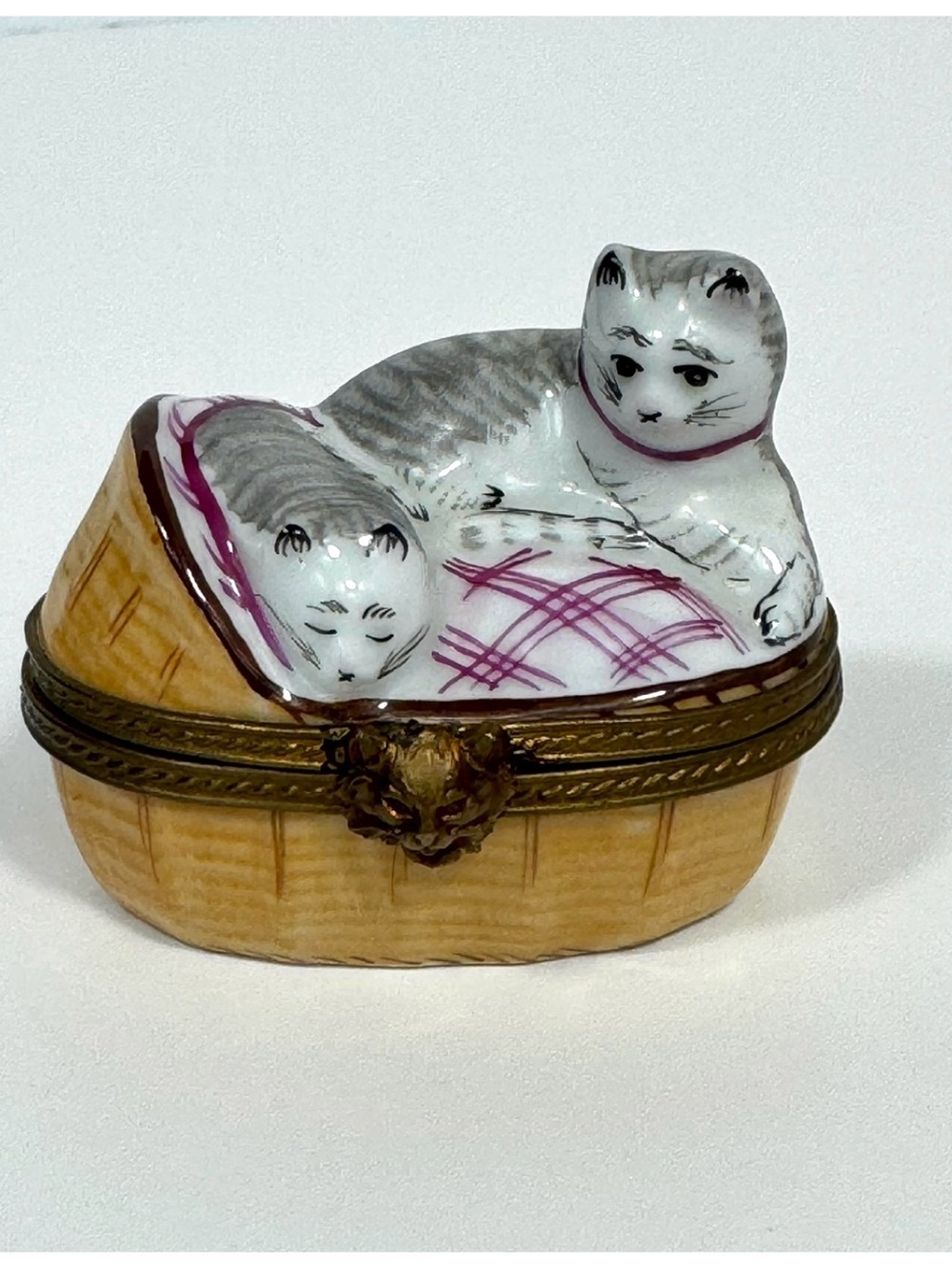 Limoges France hand-painted porcelain trinket box cats in basket